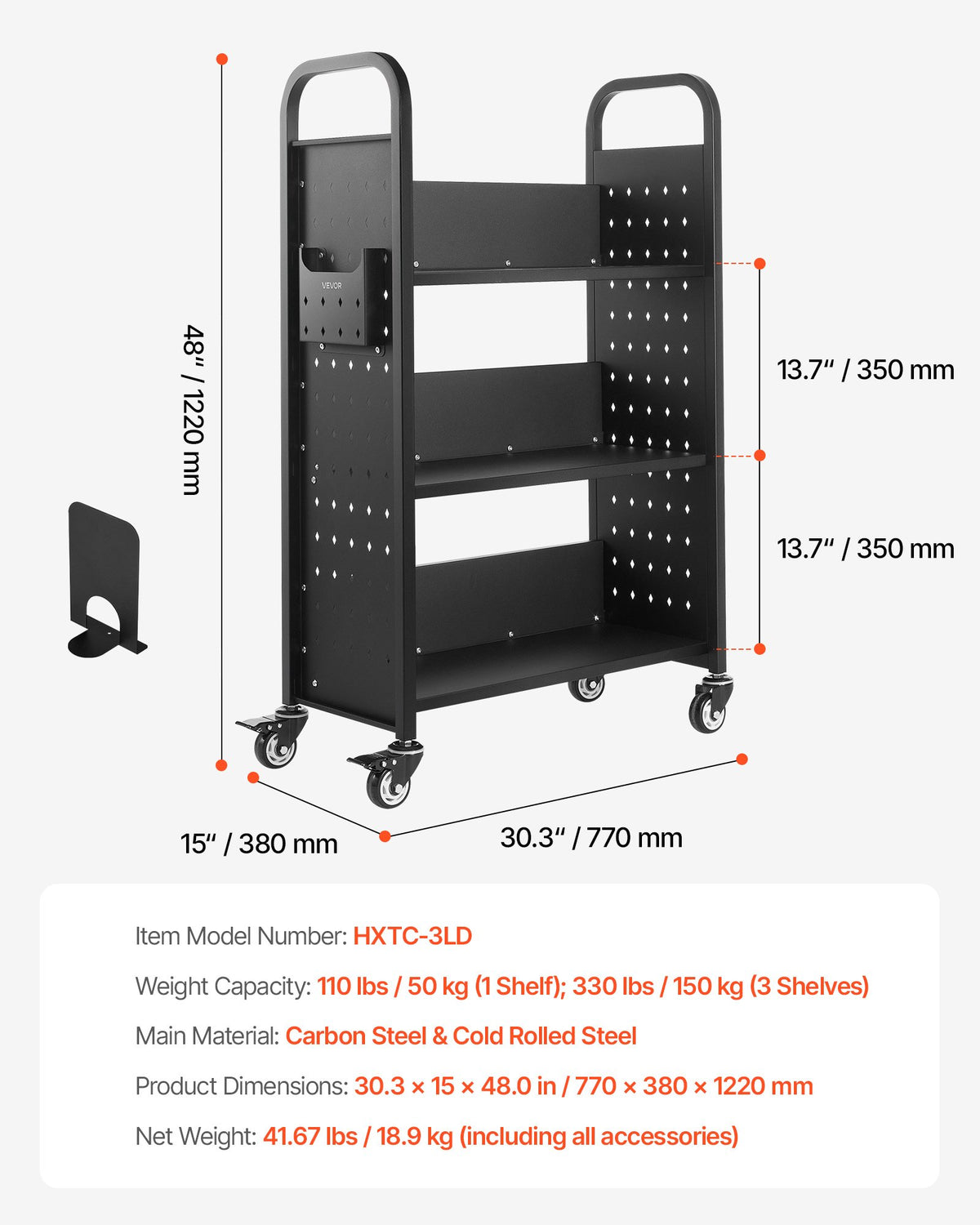 Rolling Library Book Cart, 150 kg Capacity, 77 x 38 x 122 cm Library Cart, Single Sided L-Shaped Shelves with V952-LXTSGTCHS330DC6LE001V0