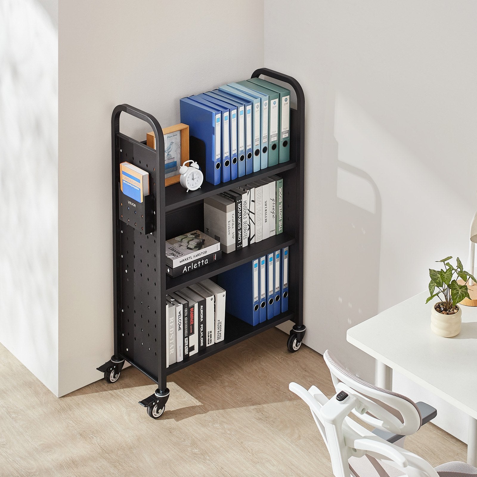 Rolling Library Book Cart, 150 kg Capacity, 77 x 38 x 122 cm Library Cart, Single Sided L-Shaped Shelves with V952-LXTSGTCHS330DC6LE001V0