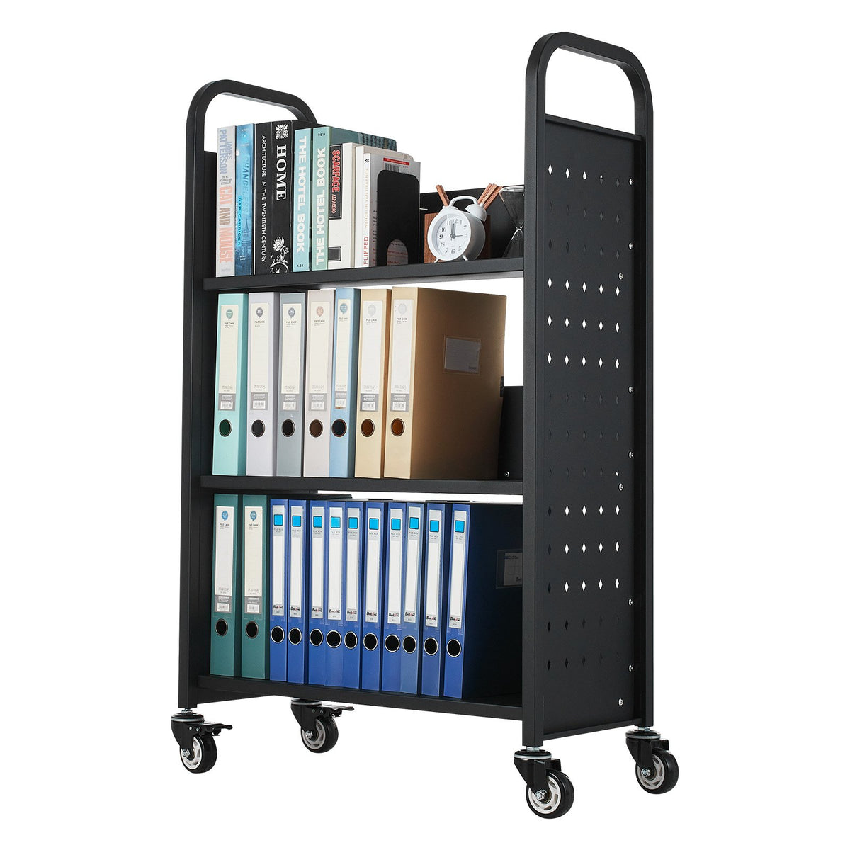 Rolling Library Book Cart, 150 kg Capacity, 77 x 38 x 122 cm Library Cart, Single Sided L-Shaped Shelves with V952-LXTSGTCHS330DC6LE001V0