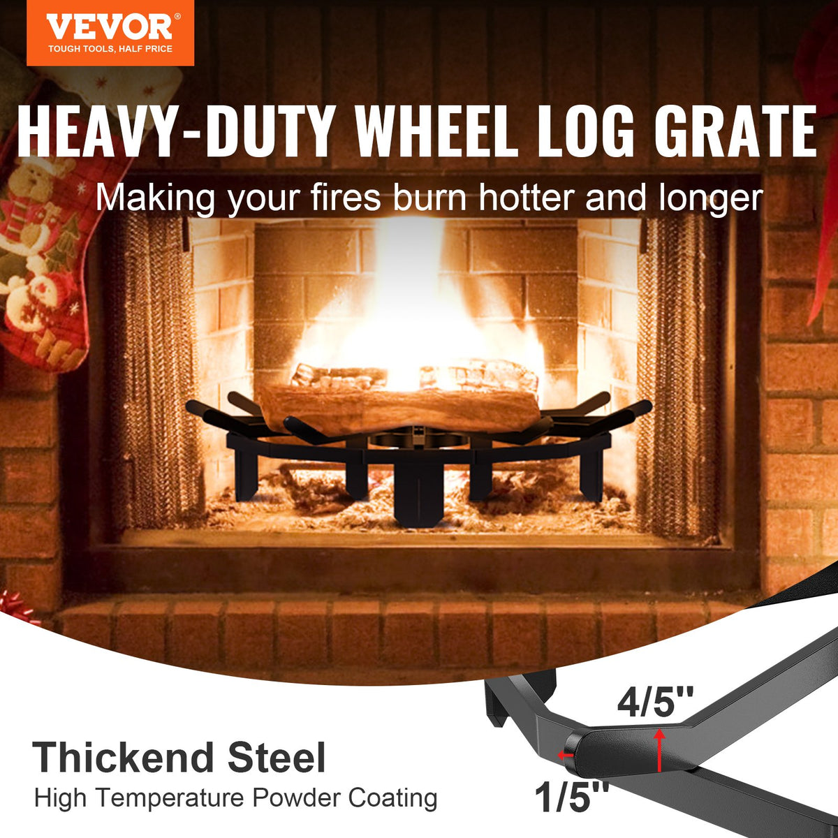 Log Grate, 27 inch Heavy Duty Wheel Fire Grate with 6 Support Legs, Solid Powder-coated Steel Bars, Log V952-LXYMP6X20MM27JRUUV0