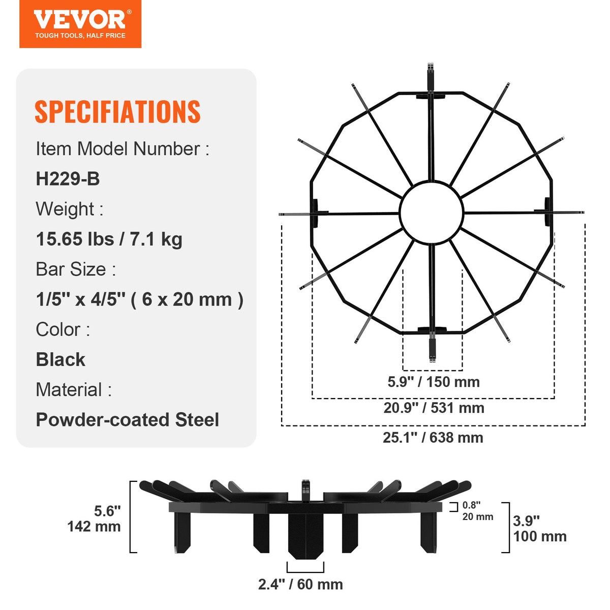 Log Grate, 27 inch Heavy Duty Wheel Fire Grate with 6 Support Legs, Solid Powder-coated Steel Bars, Log V952-LXYMP6X20MM27JRUUV0