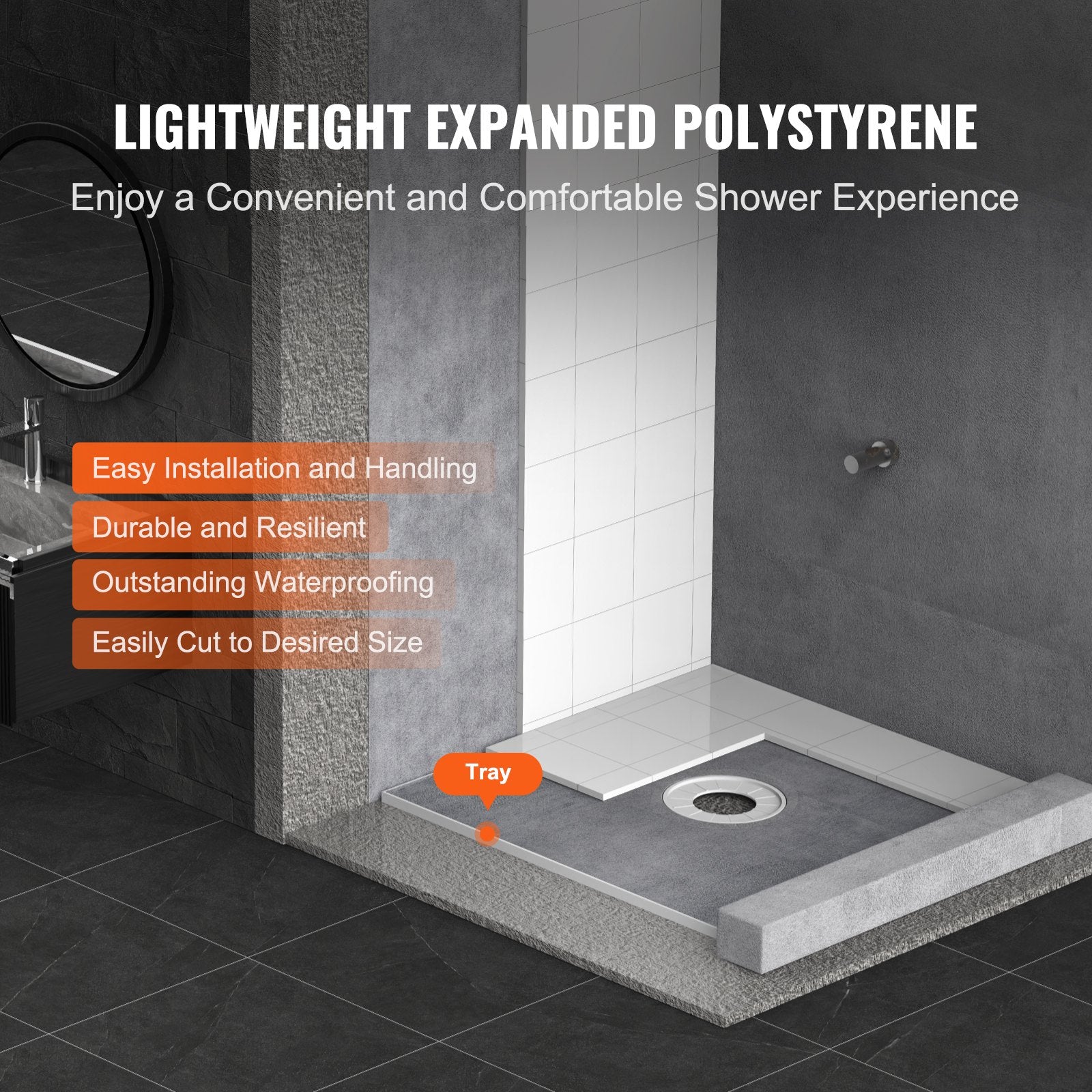 Shower Curb Kit, 914x914mm Shower Pan Kit with 160mm Central Drain, Lightweight EPS Shower Installation Kits V952-LYAZDB3636YCVU1CGV0