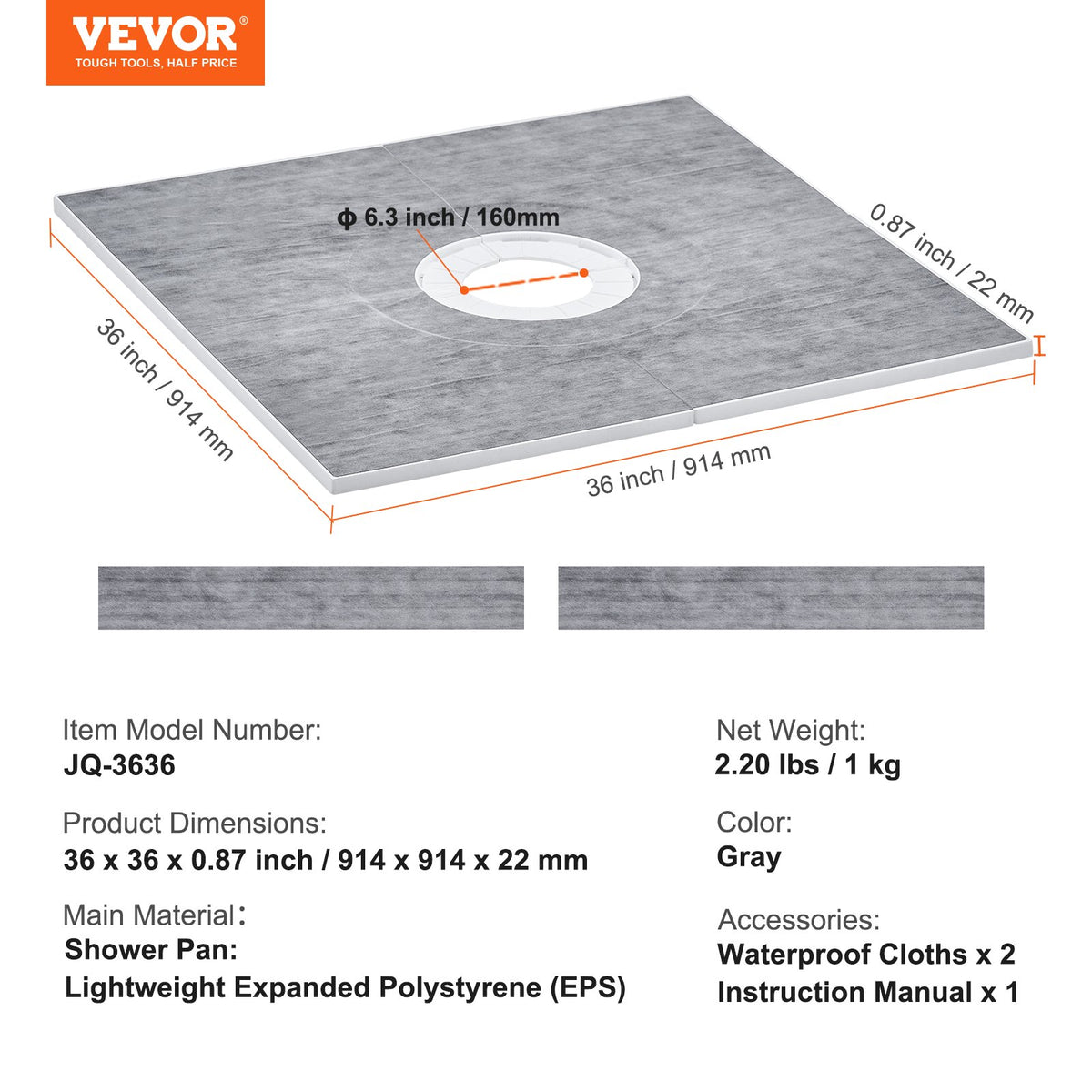 Shower Curb Kit, 914x914mm Shower Pan Kit with 160mm Central Drain, Lightweight EPS Shower Installation Kits V952-LYAZDB3636YCVU1CGV0