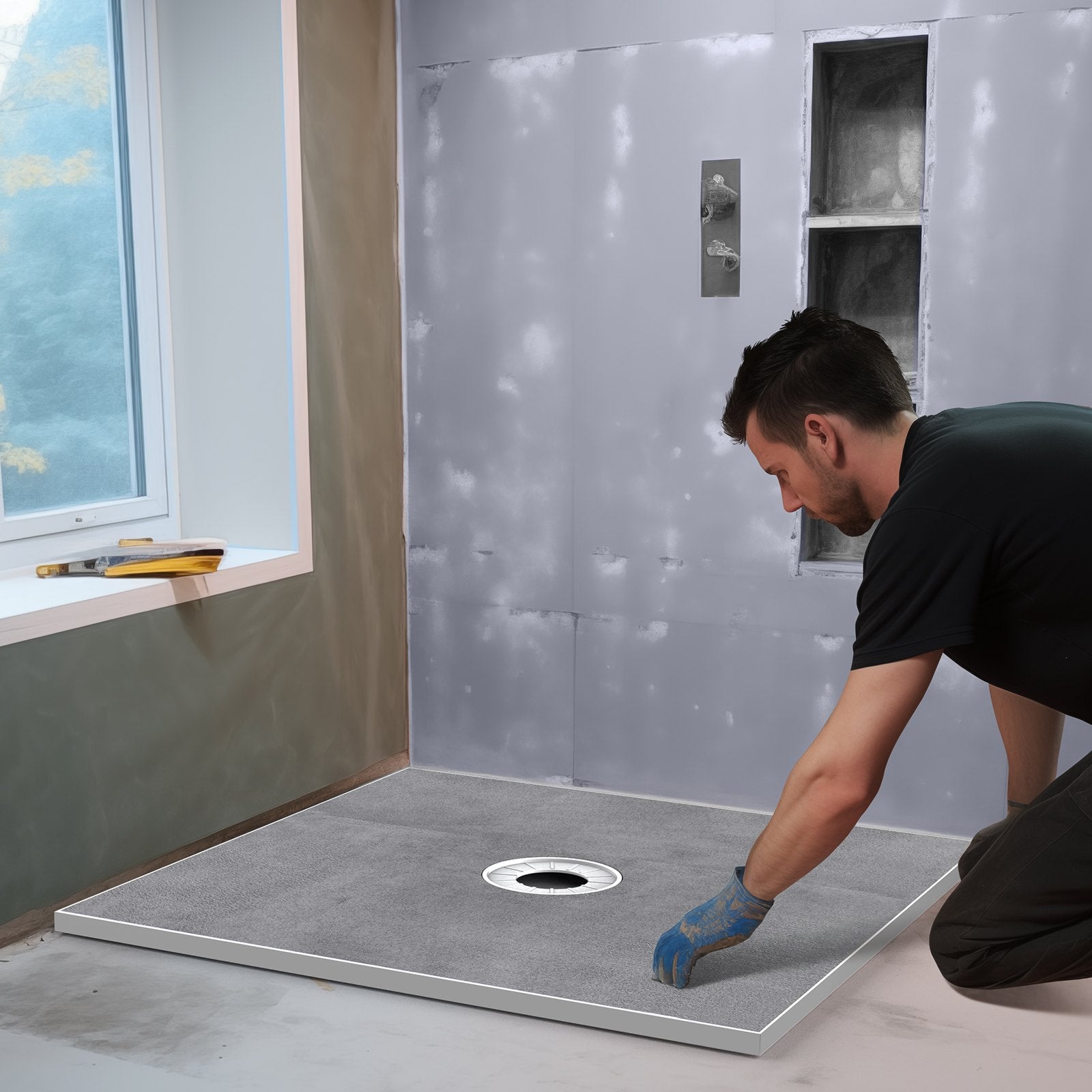 Shower Curb Kit, 914x914mm Shower Pan Kit with 160mm Central Drain, Lightweight EPS Shower Installation Kits V952-LYAZDB3636YCVU1CGV0