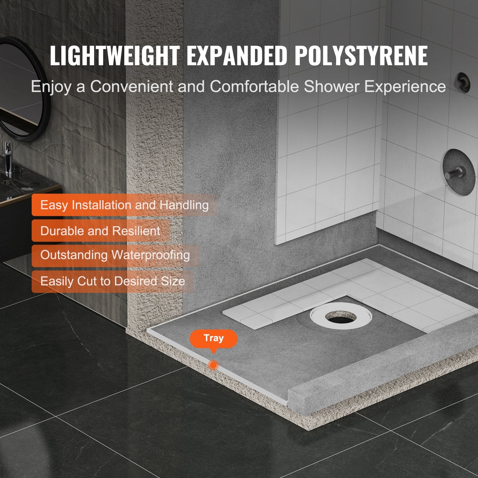 Shower Curb Kit, 1524x965mm Shower Pan Kit with 160mm Central Drain, Lightweight EPS Shower Installation Kits V952-LYAZDB6038YCSTGNWV0