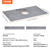 Shower Curb Kit, 1524x965mm Shower Pan Kit with 160mm Central Drain, Lightweight EPS Shower Installation Kits V952-LYAZDB6038YCSTGNWV0