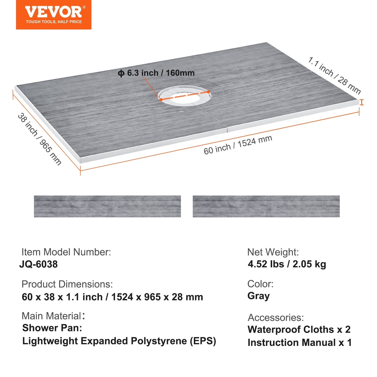 Shower Curb Kit, 1524x965mm Shower Pan Kit with 160mm Central Drain, Lightweight EPS Shower Installation Kits V952-LYAZDB6038YCSTGNWV0