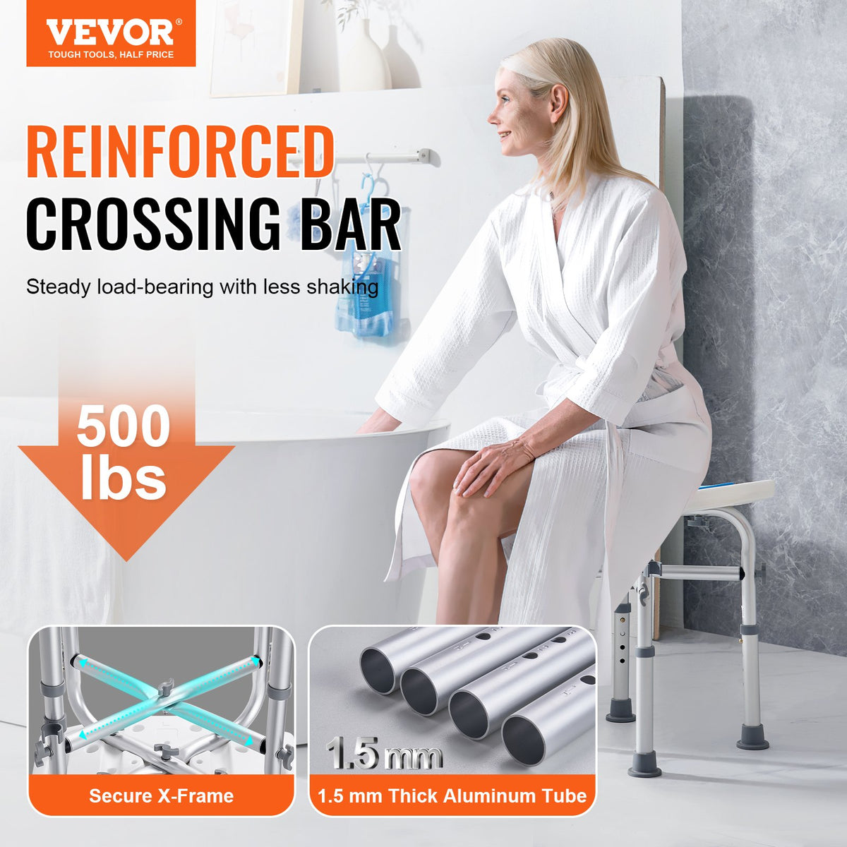 Shower Chair, Adjustable Height Shower Stool with Crossbar Support, Shower Seat for Inside Shower or Tub, V952-LYDFXLHJPEWFYGW6TV0