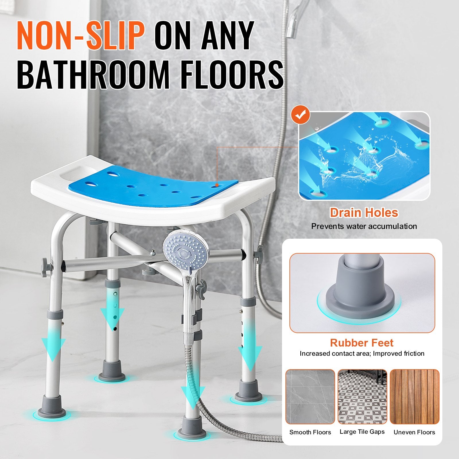 Shower Chair, Adjustable Height Shower Stool with Crossbar Support, Shower Seat for Inside Shower or Tub, V952-LYDFXLHJPEWFYGW6TV0