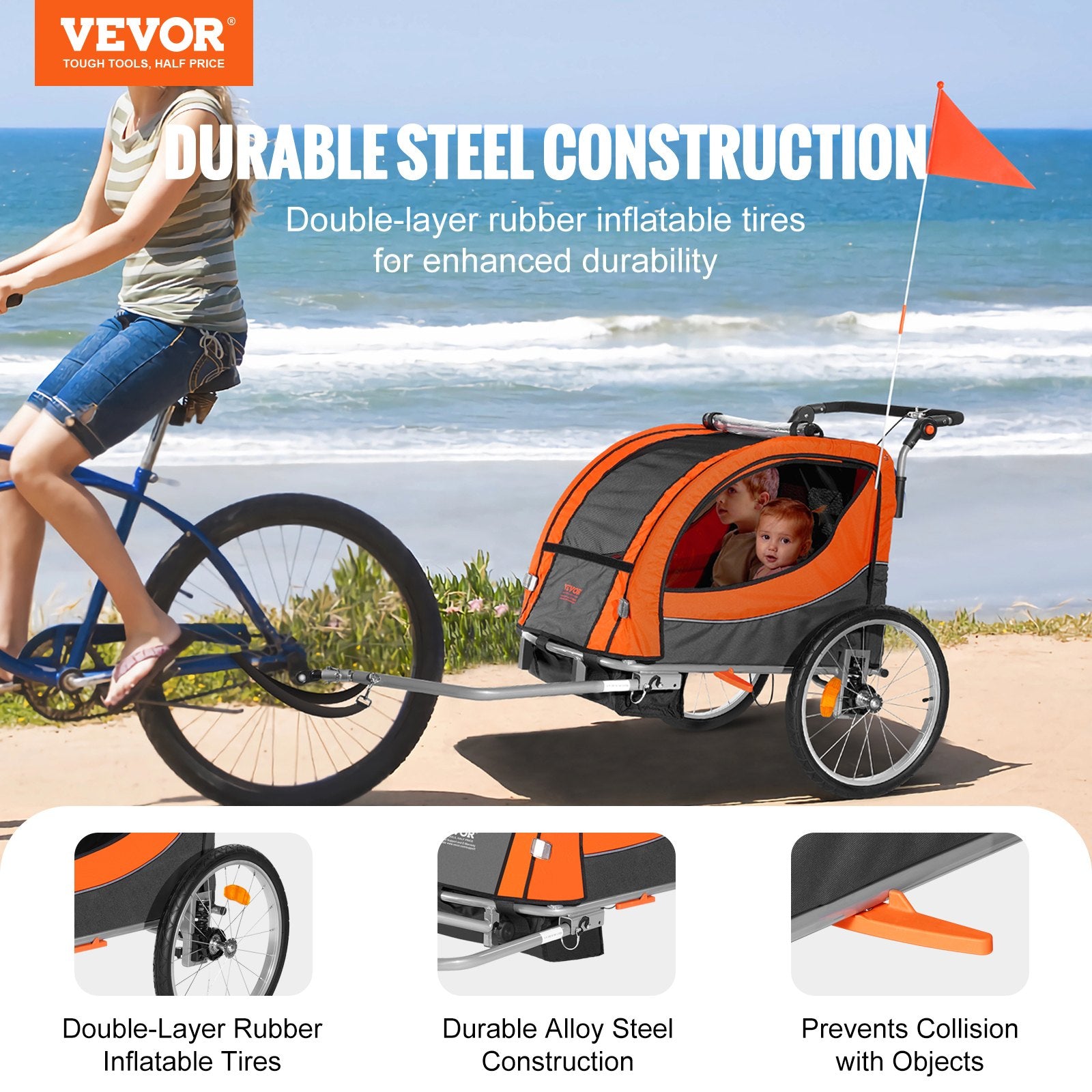 Bike Trailer for Toddlers, Kids, Double Seat, 40 kg Load, 2-In-1 Canopy Carrier Converts to Stroller, Tow V952-LYS100B1020ILJ9NWV0