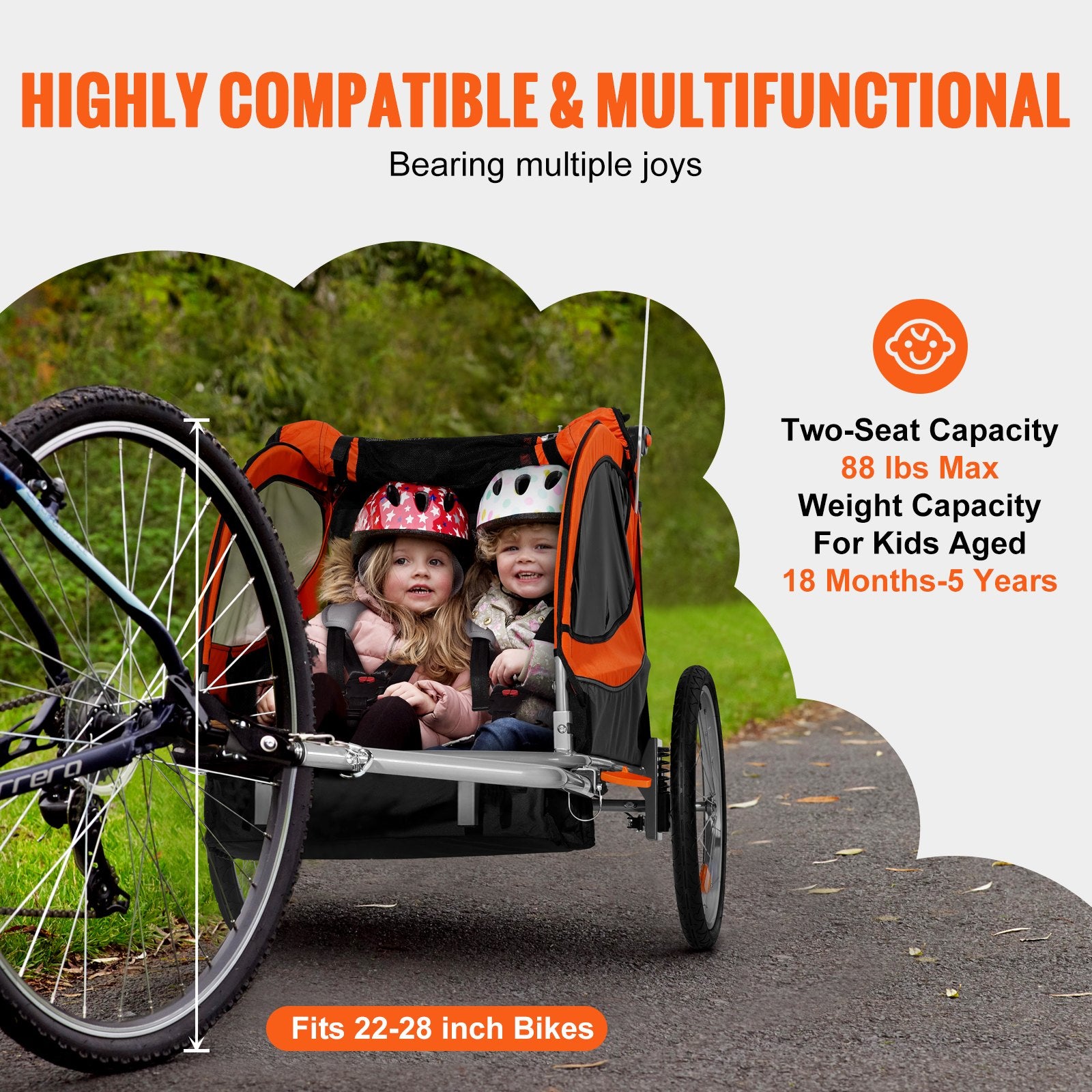 Bike Trailer for Toddlers, Kids, Double Seat, 40 kg Load, 2-In-1 Canopy Carrier Converts to Stroller, Tow V952-LYS100B1020ILJ9NWV0