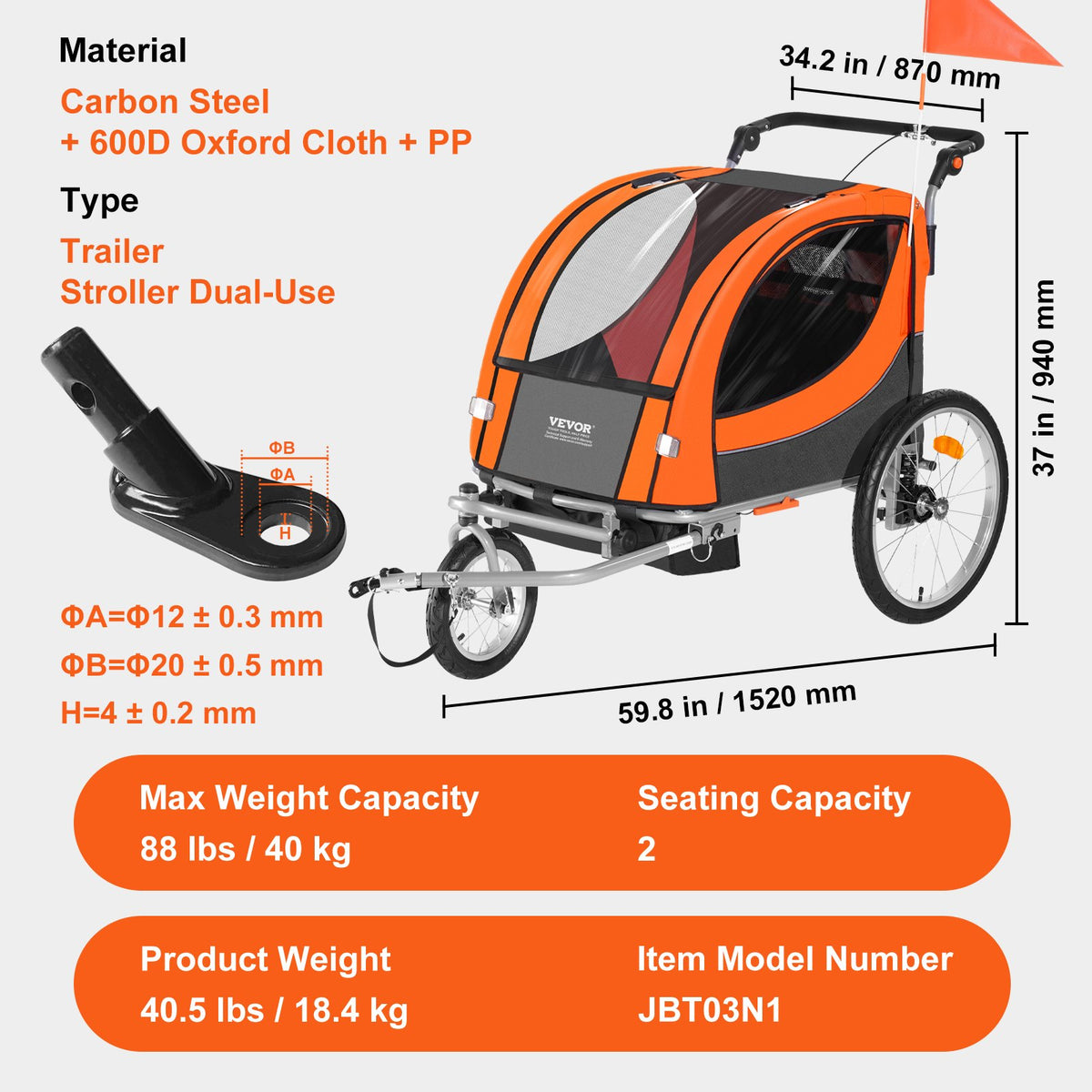 Bike Trailer for Toddlers, Kids, Double Seat, 40 kg Load, 2-In-1 Canopy Carrier Converts to Stroller, Tow V952-LYS100B1020ILJ9NWV0