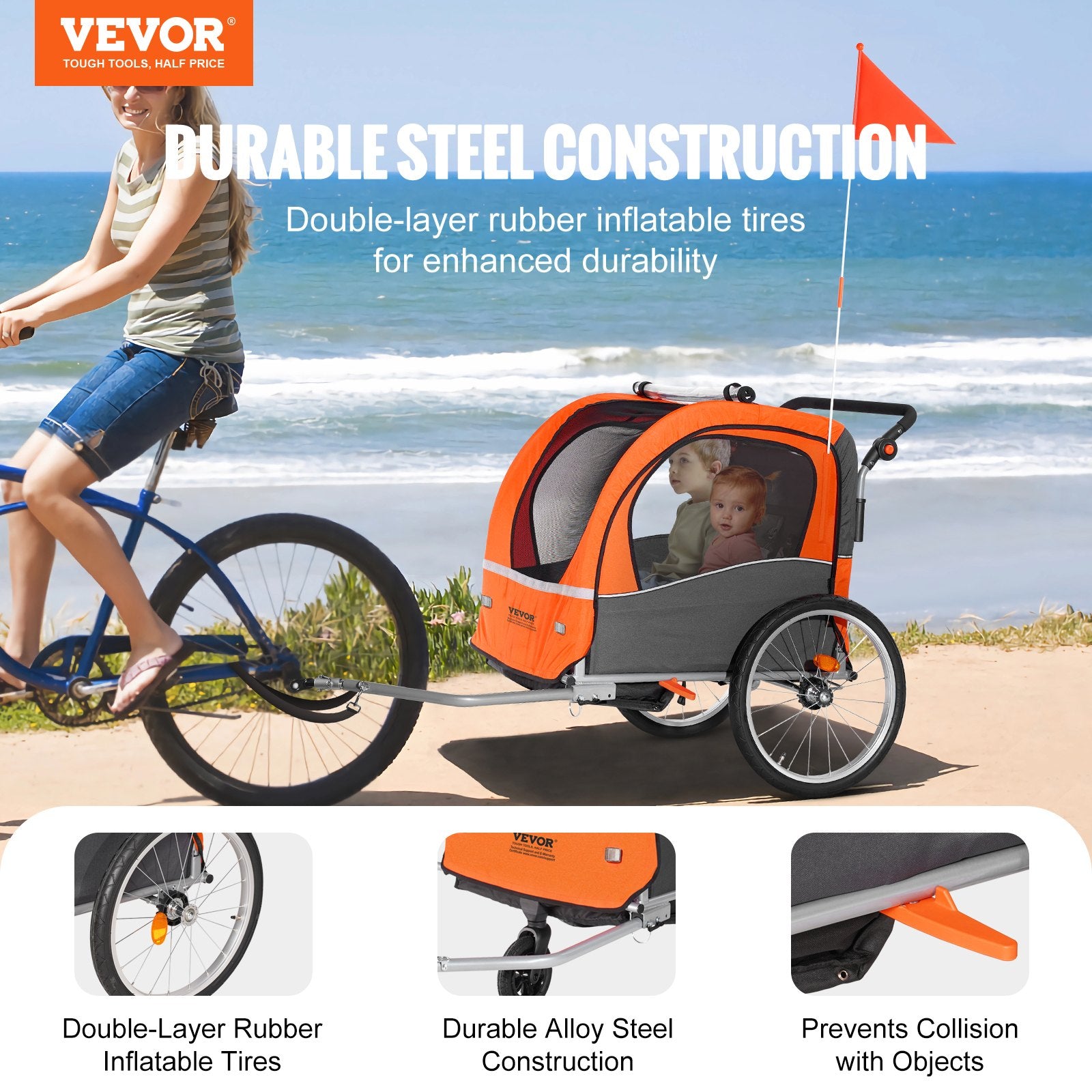 Bike Trailer for Toddlers, Kids, Double Seat, 45 kg Load, 2-In-1 Canopy Carrier Converts to Stroller, Tow V952-LYS2GHJG820IRLD5RV0