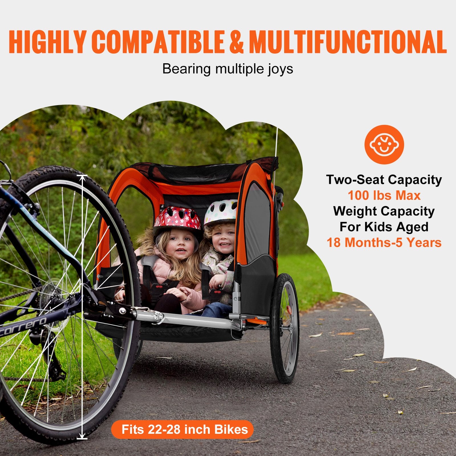 Bike Trailer for Toddlers, Kids, Double Seat, 45 kg Load, 2-In-1 Canopy Carrier Converts to Stroller, Tow V952-LYS2GHJG820IRLD5RV0