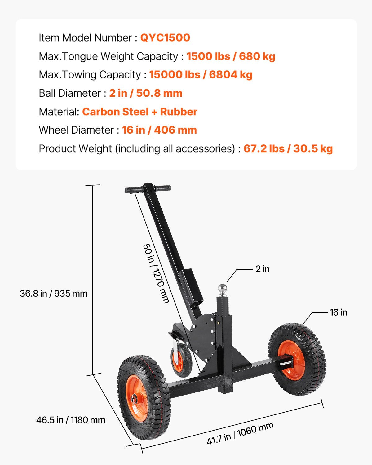 Trailer Dolly, 1500lbs Tongue Weight Capacity, 2 in 1 Trailer Mover with 2 in Ball, 16 in Pneumatic Tires and V952-LYSDQYC1500LJYV2YV0