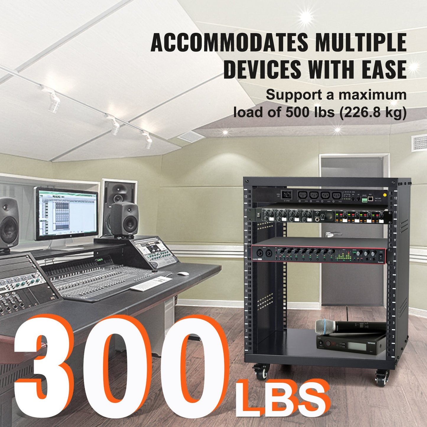 12U AV Rack Stand, 136.08kg Capacity, Network Stereo Recording Studio Rack with Lockable Caster Wheels Round V952-LYSJJ12U18YCOJ5U1V0
