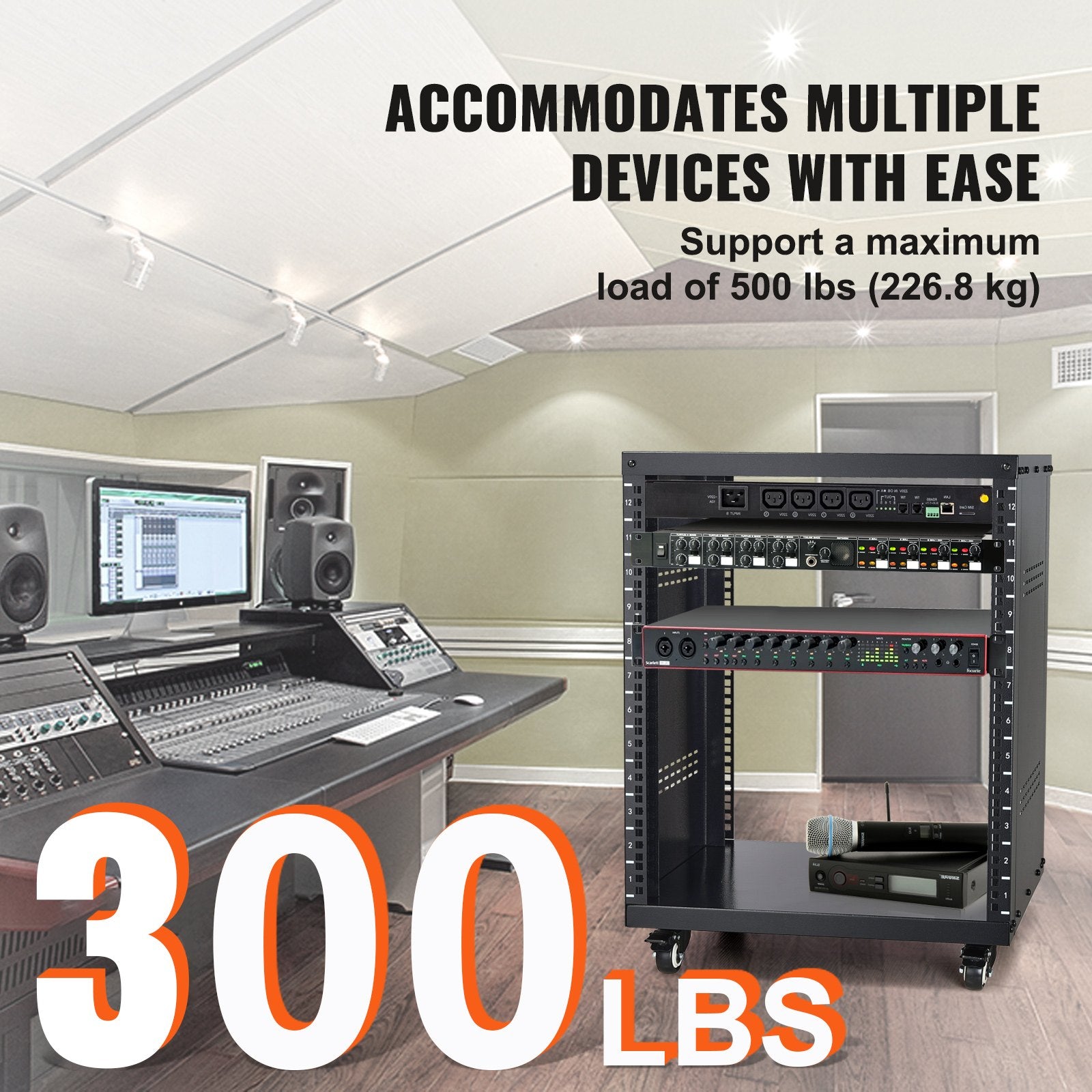 12U AV Rack Stand, 136.08kg Capacity, Network Stereo Recording Studio Rack with Lockable Caster Wheels Round V952-LYSJJ12U18YCOJ5U1V0
