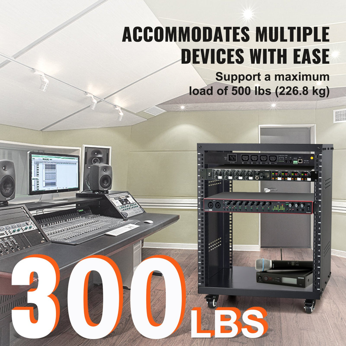 12U AV Rack Stand, 136.08kg Capacity, Network Stereo Recording Studio Rack with Lockable Caster Wheels Round V952-LYSJJ12U18YCOJ5U1V0