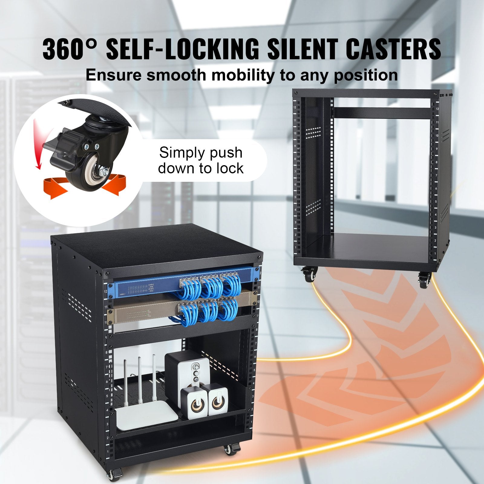12U AV Rack Stand, 136.08kg Capacity, Network Stereo Recording Studio Rack with Lockable Caster Wheels Round V952-LYSJJ12U18YCOJ5U1V0
