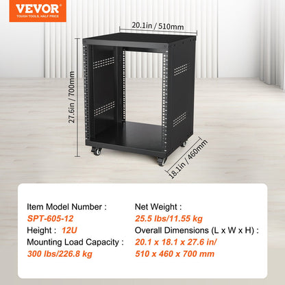 12U AV Rack Stand, 136.08kg Capacity, Network Stereo Recording Studio Rack with Lockable Caster Wheels Round V952-LYSJJ12U18YCOJ5U1V0