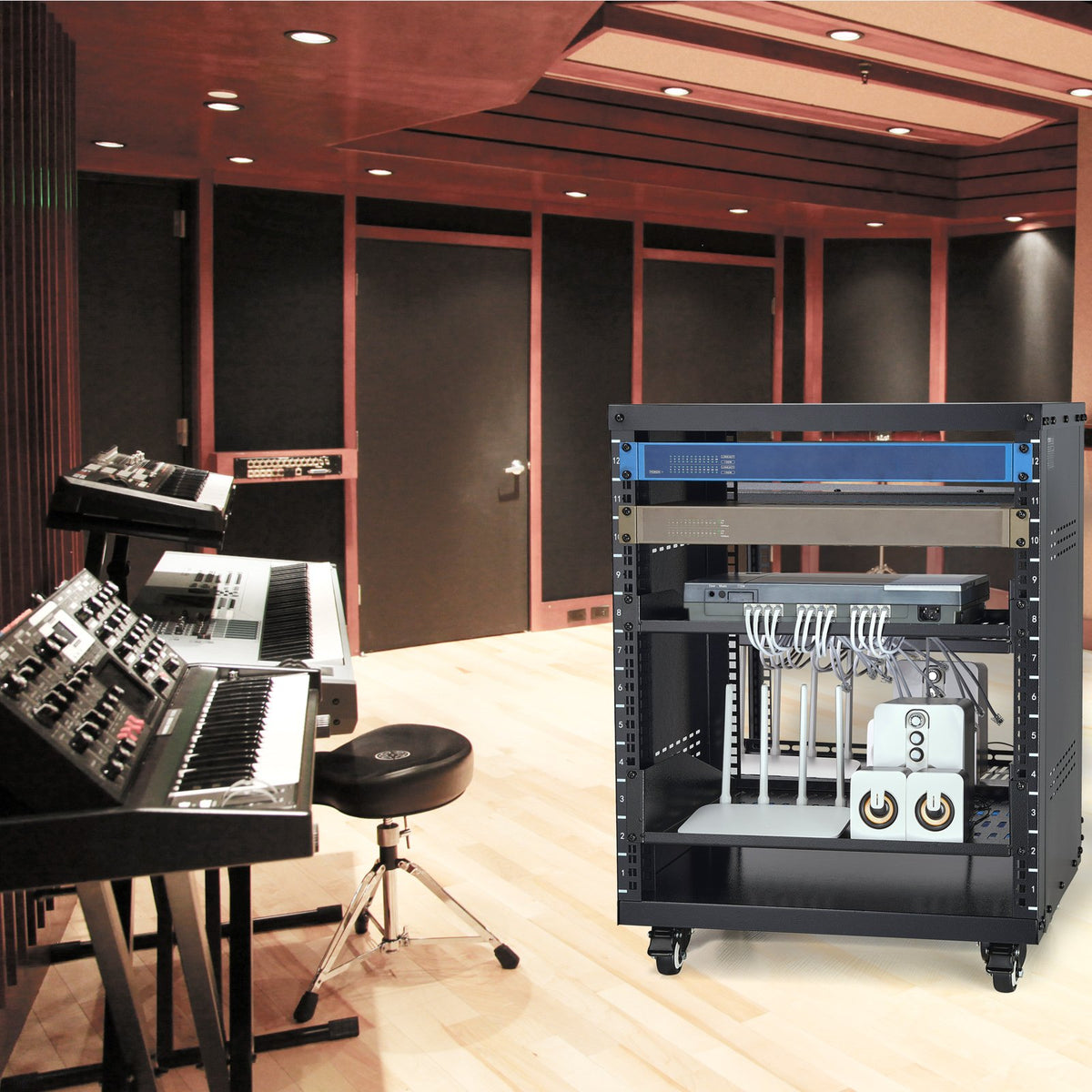 12U AV Rack Stand, 136.08kg Capacity, Network Stereo Recording Studio Rack with Lockable Caster Wheels Round V952-LYSJJ12U18YCOJ5U1V0