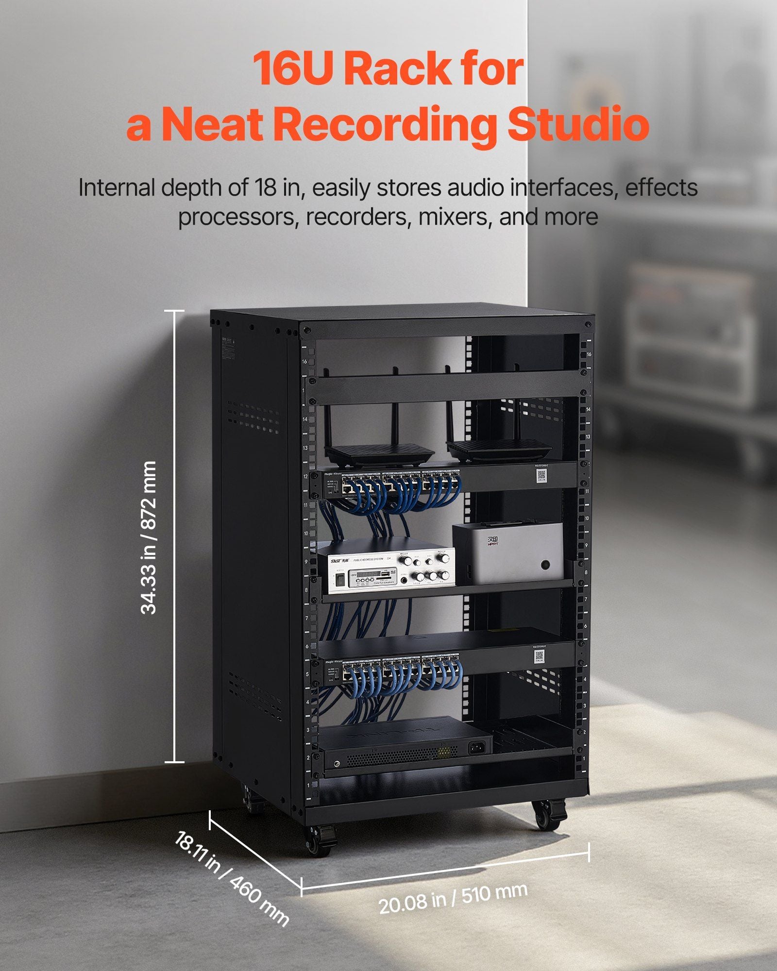16U AV Rack, 90.7 kg Max Load Capacity, Home Recording Studio Rack with Lockable Caster Wheels, Open Frame V952-LYSJJ16U18YCAXC9D001V0