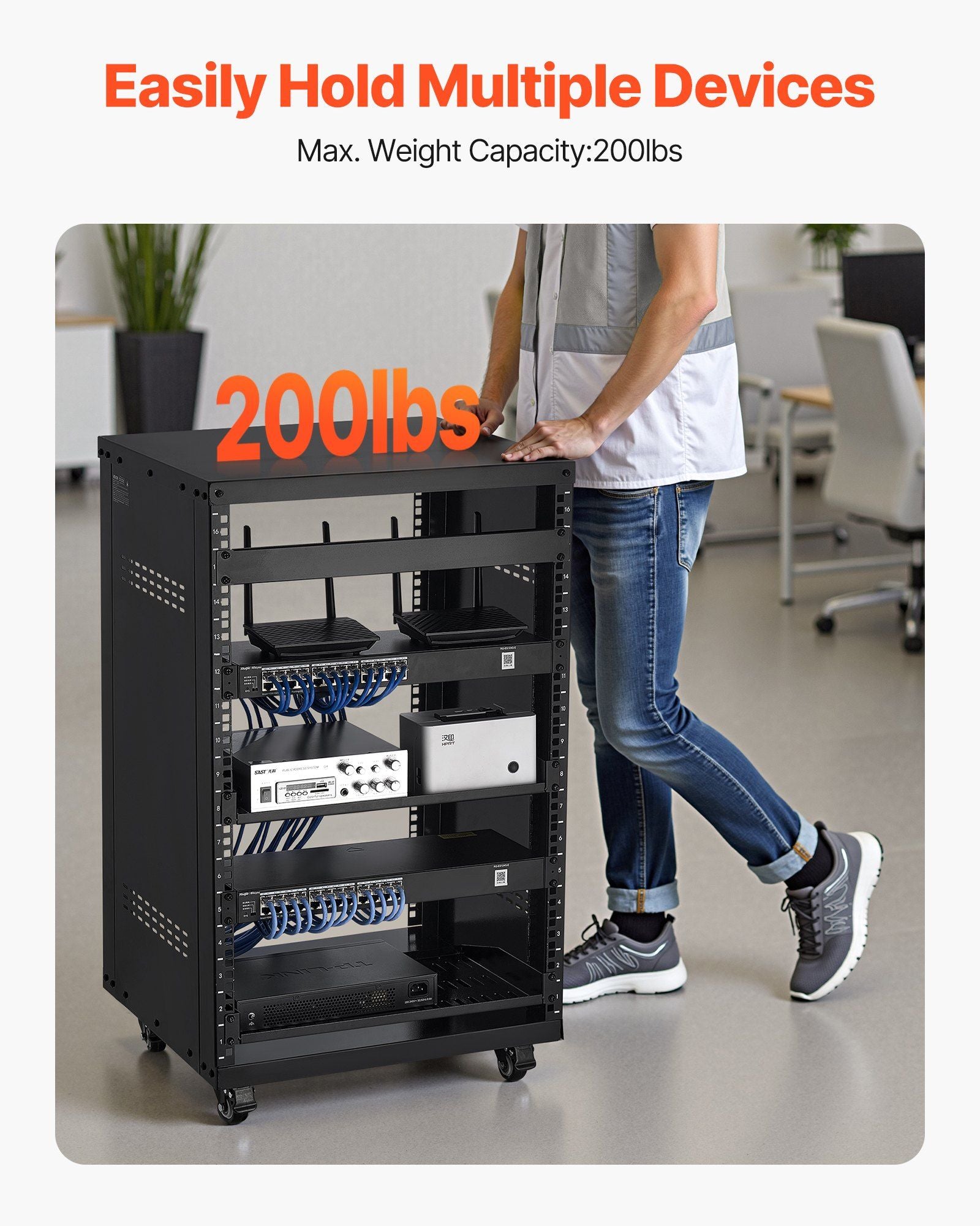 16U AV Rack, 90.7 kg Max Load Capacity, Home Recording Studio Rack with Lockable Caster Wheels, Open Frame V952-LYSJJ16U18YCAXC9D001V0