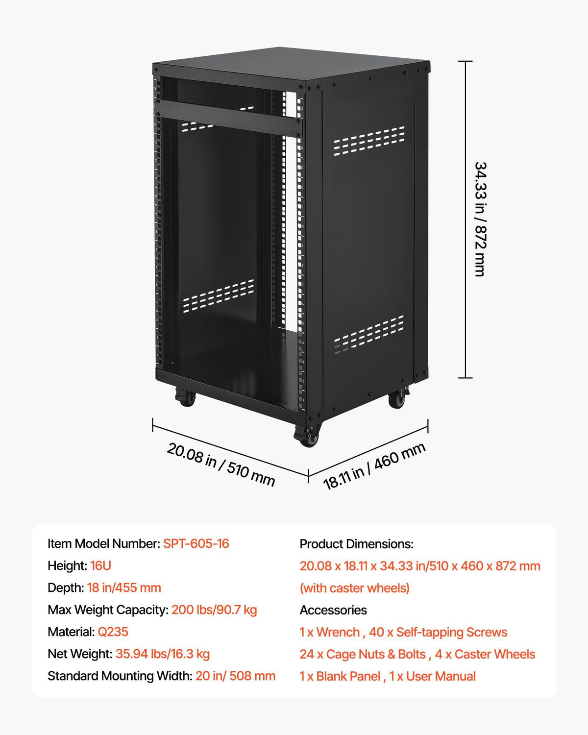 16U AV Rack, 90.7 kg Max Load Capacity, Home Recording Studio Rack with Lockable Caster Wheels, Open Frame V952-LYSJJ16U18YCAXC9D001V0