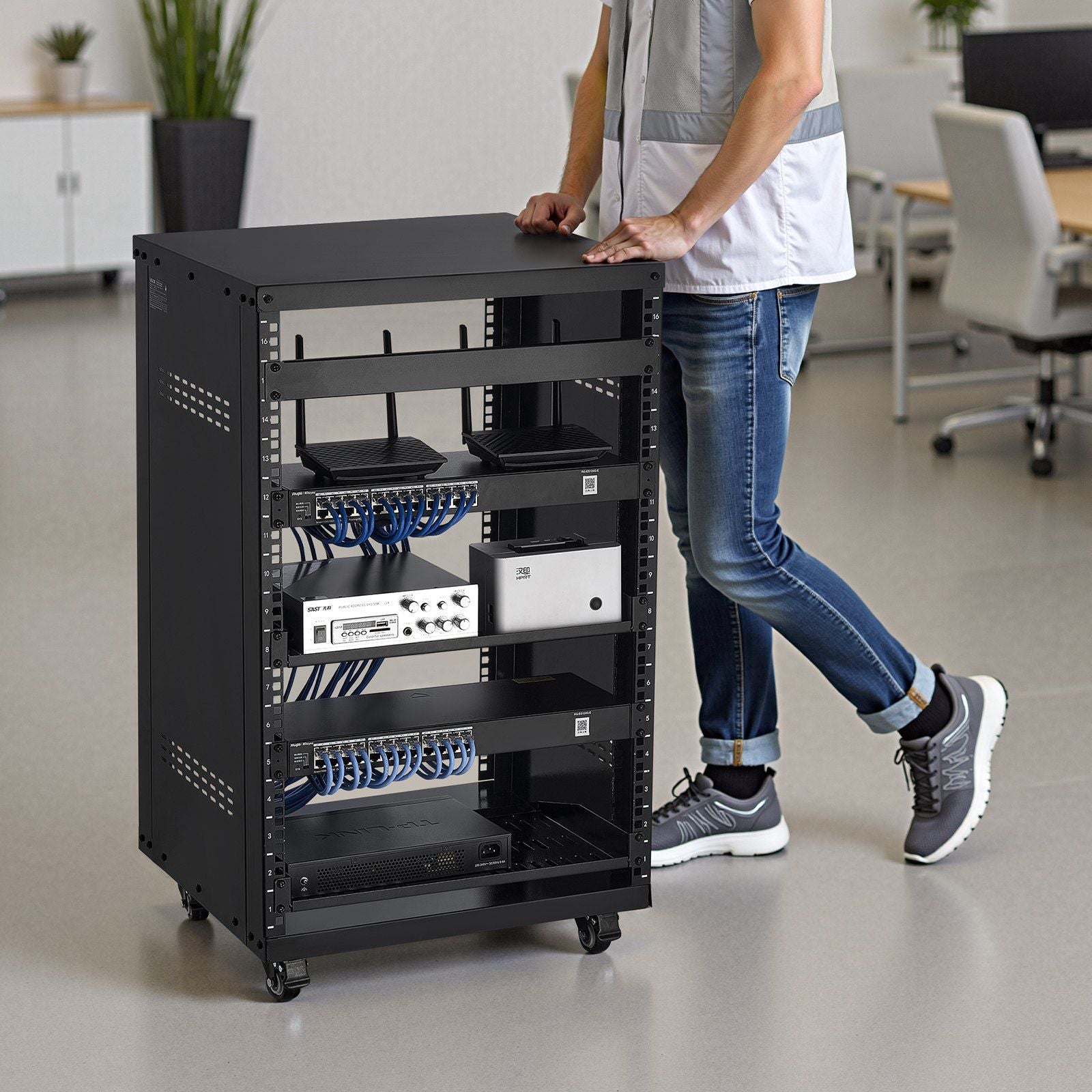 16U AV Rack, 90.7 kg Max Load Capacity, Home Recording Studio Rack with Lockable Caster Wheels, Open Frame V952-LYSJJ16U18YCAXC9D001V0