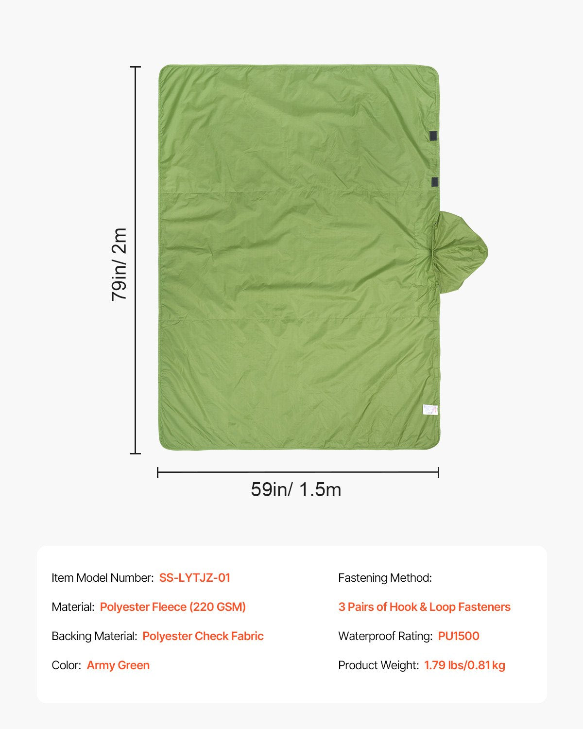Camping Blanket 2 m x 1.5 m Wearable Warm Stadium Blanket Army Green V952-LYTJZKKCDDLY0746MV0
