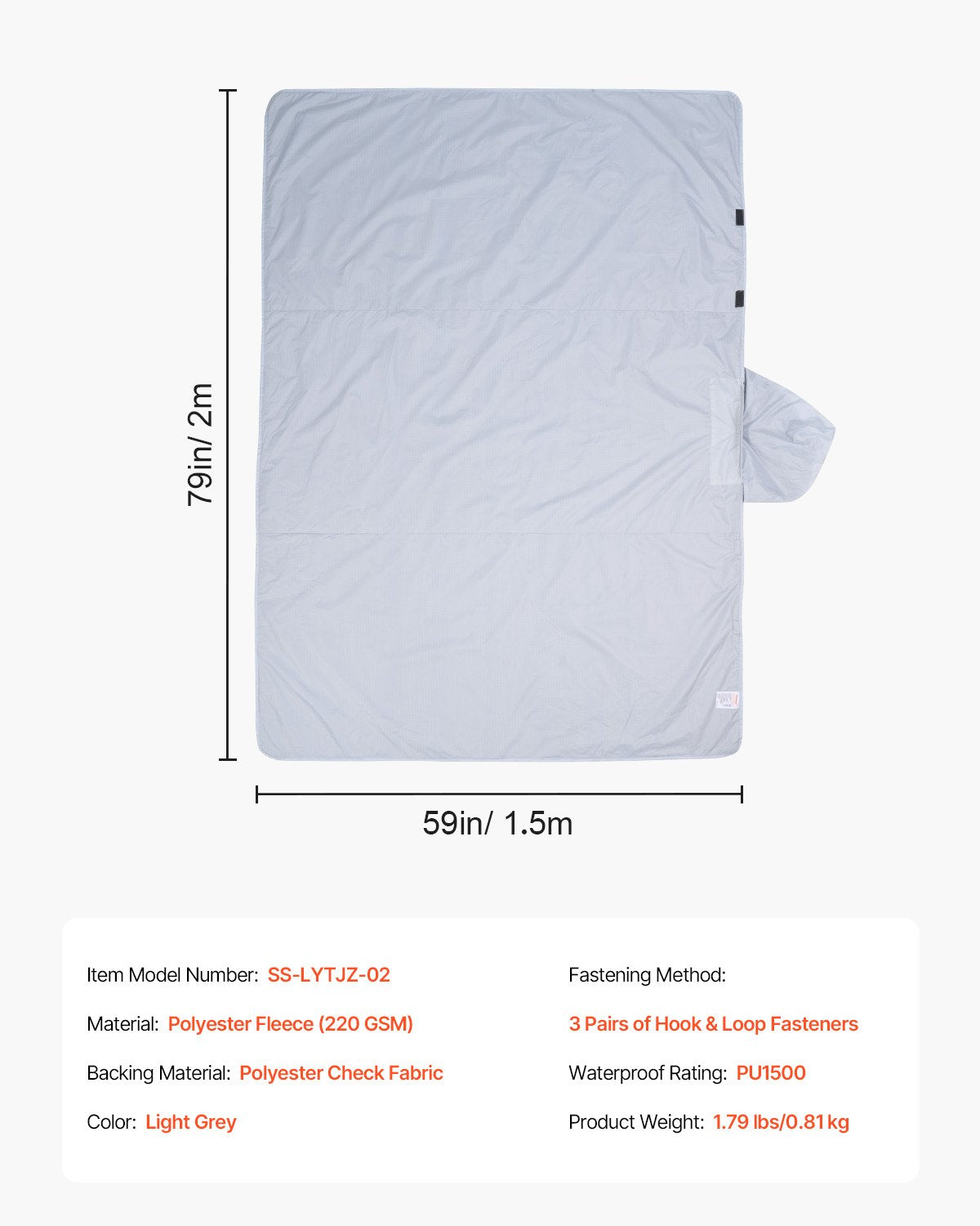 Camping Blanket 2 m x 1.5 m Wearable Warm Stadium Blanket Light Grey. V952-LYTJZKKCDDLYJ2MF1V0