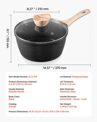 2.5 QT Saucepan, Nonstick Saucepan with Tempered Glass Lid, Multipurpose Cooking Sauce Pot with Detachable V952-LZJG25QTTFLT9T09W001V0