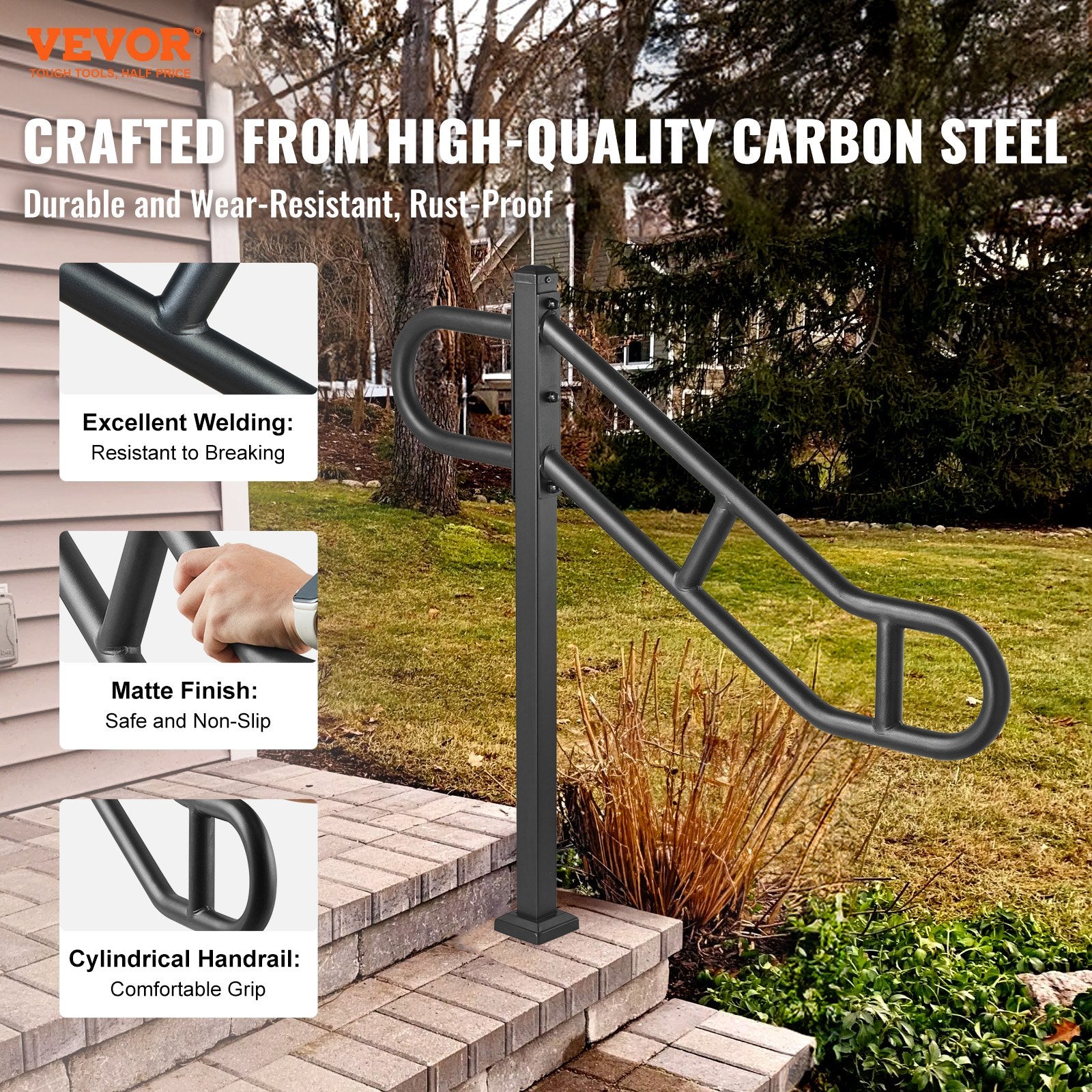 Single Post Handrail for Outdoor 1-3 Steps, 40.5" L x 35.4" H Metal Bent Stair Handrails, Floor Mounted V952-LZKFSHS405INENIH7V0