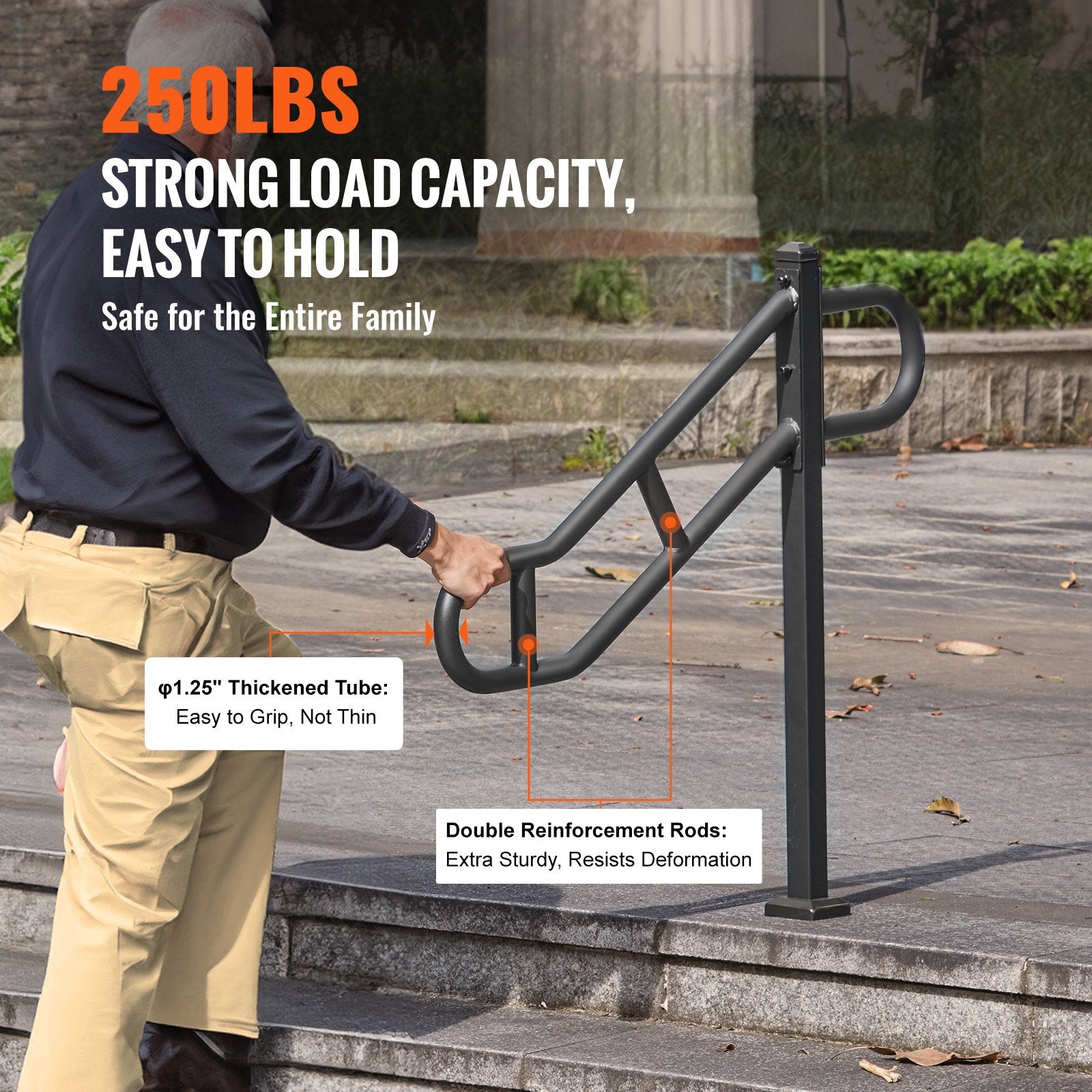Single Post Handrail for Outdoor 1-3 Steps, 40.5" L x 35.4" H Metal Bent Stair Handrails, Floor Mounted V952-LZKFSHS405INENIH7V0