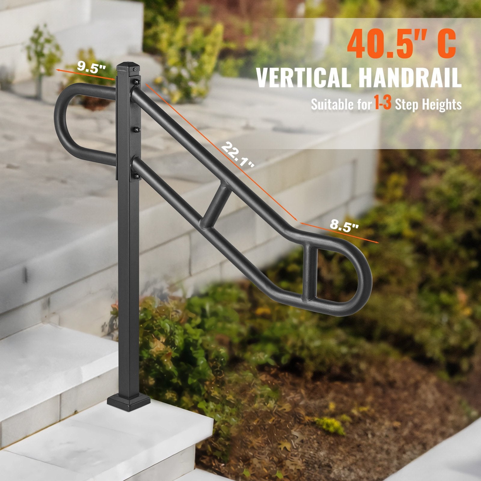 Single Post Handrail for Outdoor 1-3 Steps, 40.5" L x 35.4" H Metal Bent Stair Handrails, Floor Mounted V952-LZKFSHS405INENIH7V0