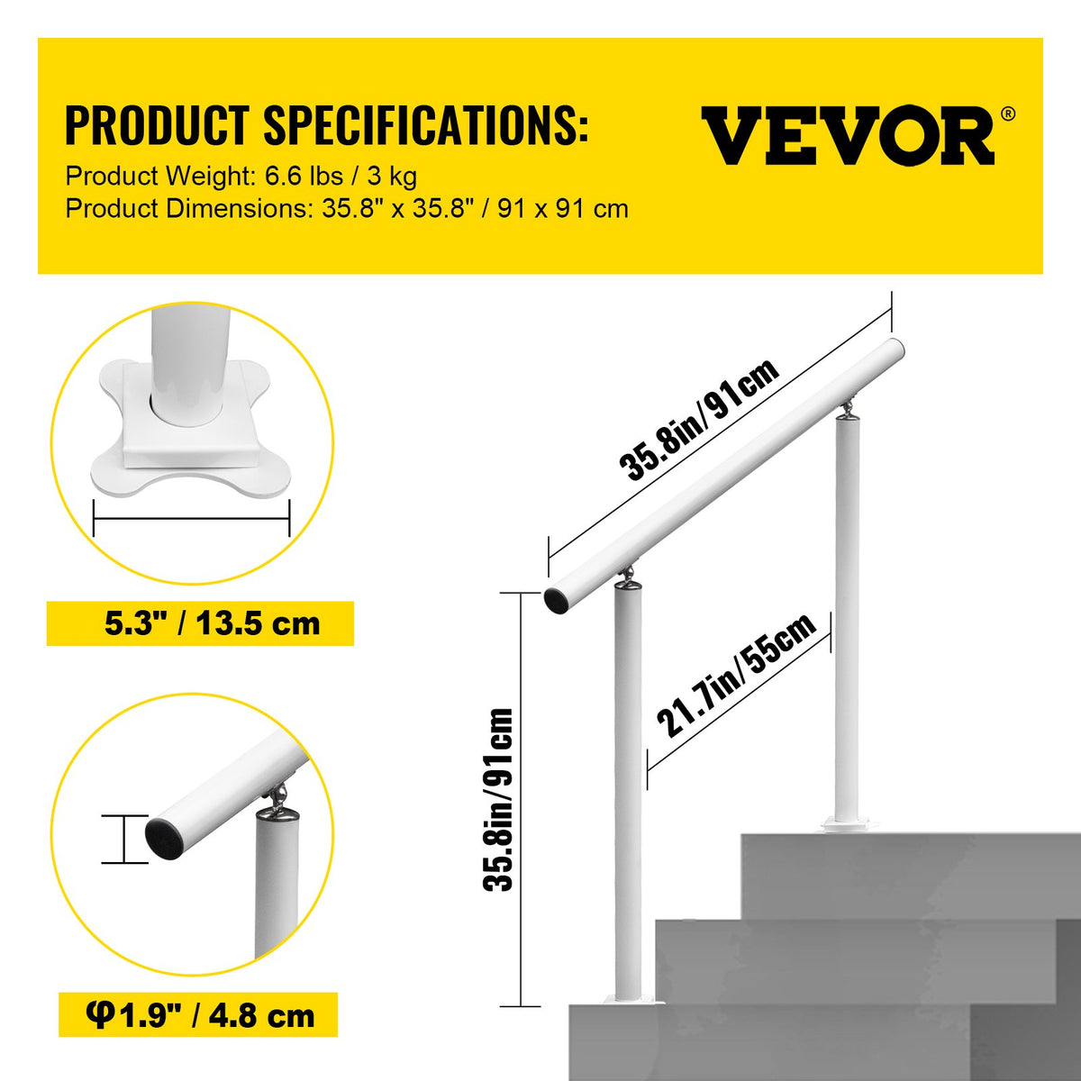 Handrail Outdoor Stairs, 3ft, 34 Inch Outdoor Handrail, Outdoor Stair Railing Adjustable from 0 to 60 Degrees V952-LZLTFS3YCYGBSDLZ1V0