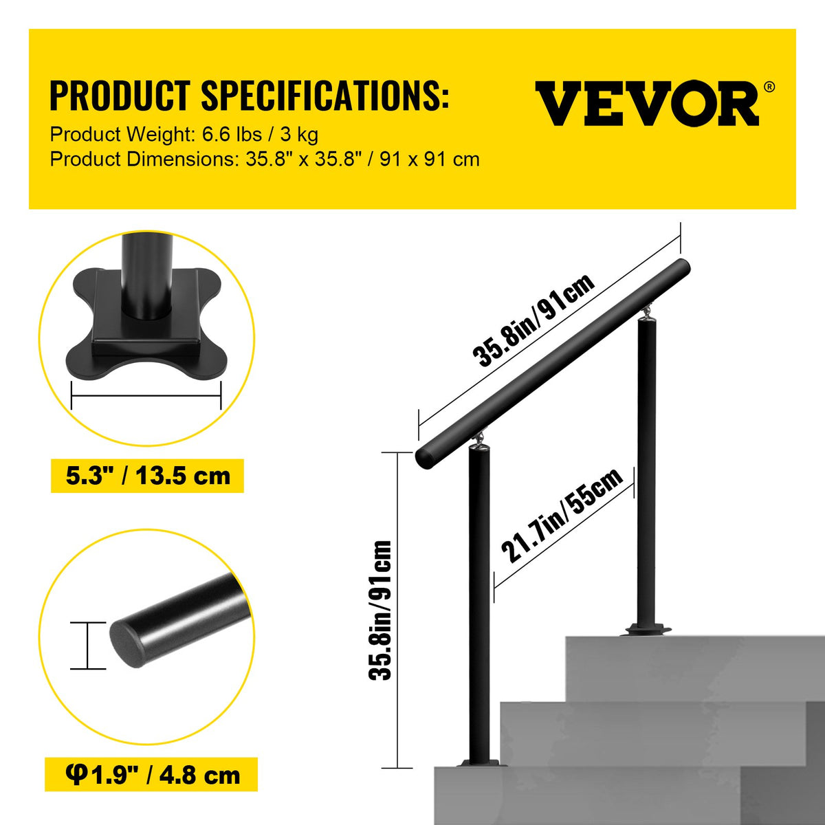 Handrail Outdoor Stairs, 3ft, 34 Inch Outdoor Handrail, Outdoor Stair Railing Adjustable from 0 to 60 Degrees V952-LZLTFS3YCYGHSDLZ1V0