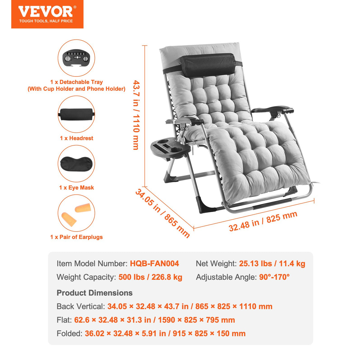 Zero Gravity Chair, 33 inch Zero Gravity Recliner Lounge Chair for Indoor and Outdoor, Adjustable Anti V952-LZLTYHS33HHK90DO9V0