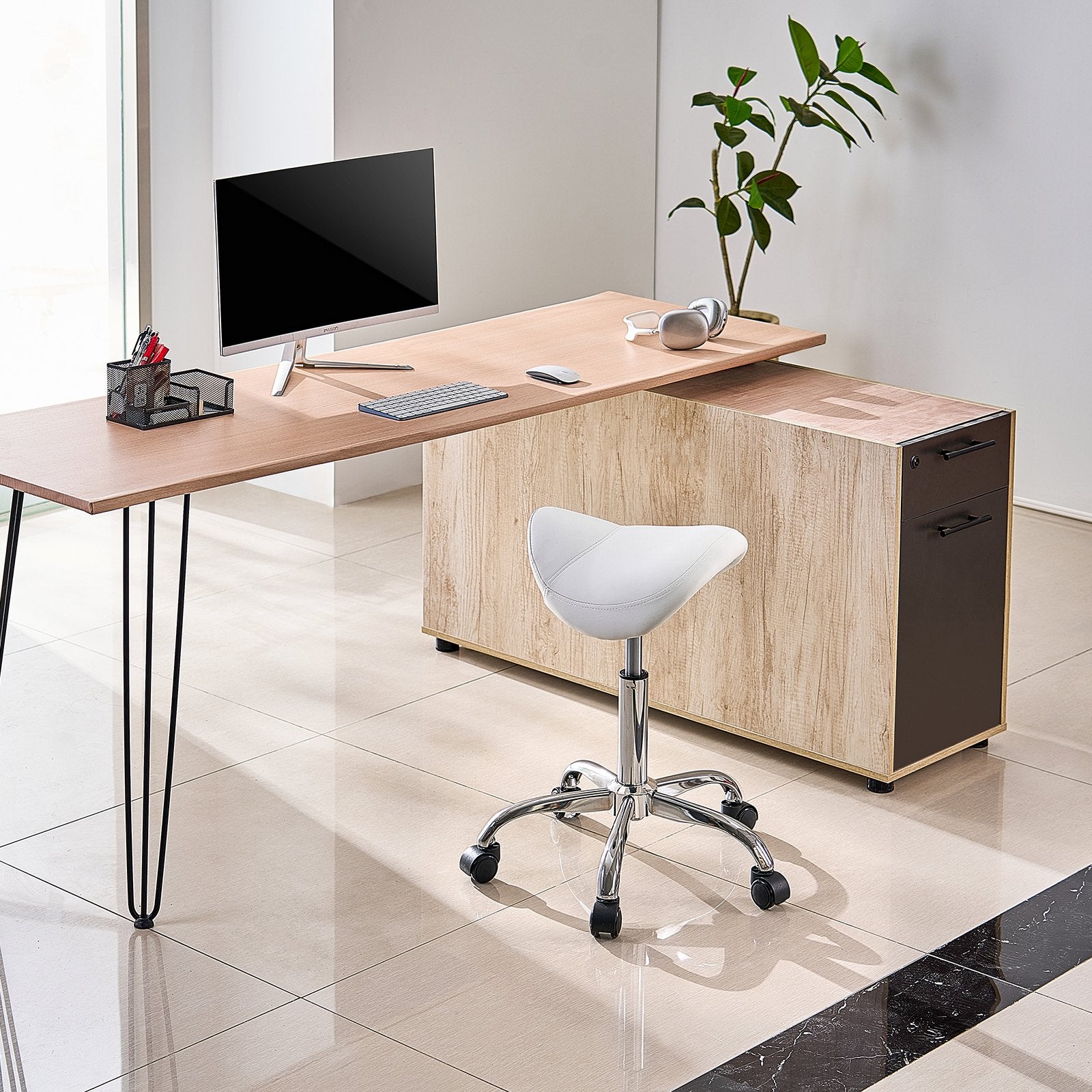 Saddle Rolling Stool, PU Leather Rolling Stool with Wheels, 360 degrees Swivel Drafting Stool with Thickened V952-MADBSJSMADWKZES31V0