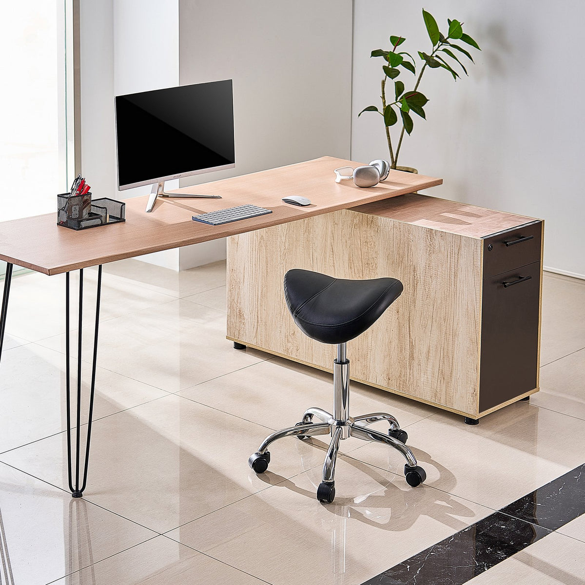 Saddle Rolling Stool, PU Leather Rolling Stool with Wheels, 360 degrees Swivel Drafting Stool with Thickened V952-MADHSJSMADWK1IEB9V0