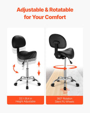 Saddle Rolling Stool, PU Leather Rolling Stool with Backrest, 360 degrees Swivel Drafting Stool with V952-MADHSJSMADYKGSSYWV0