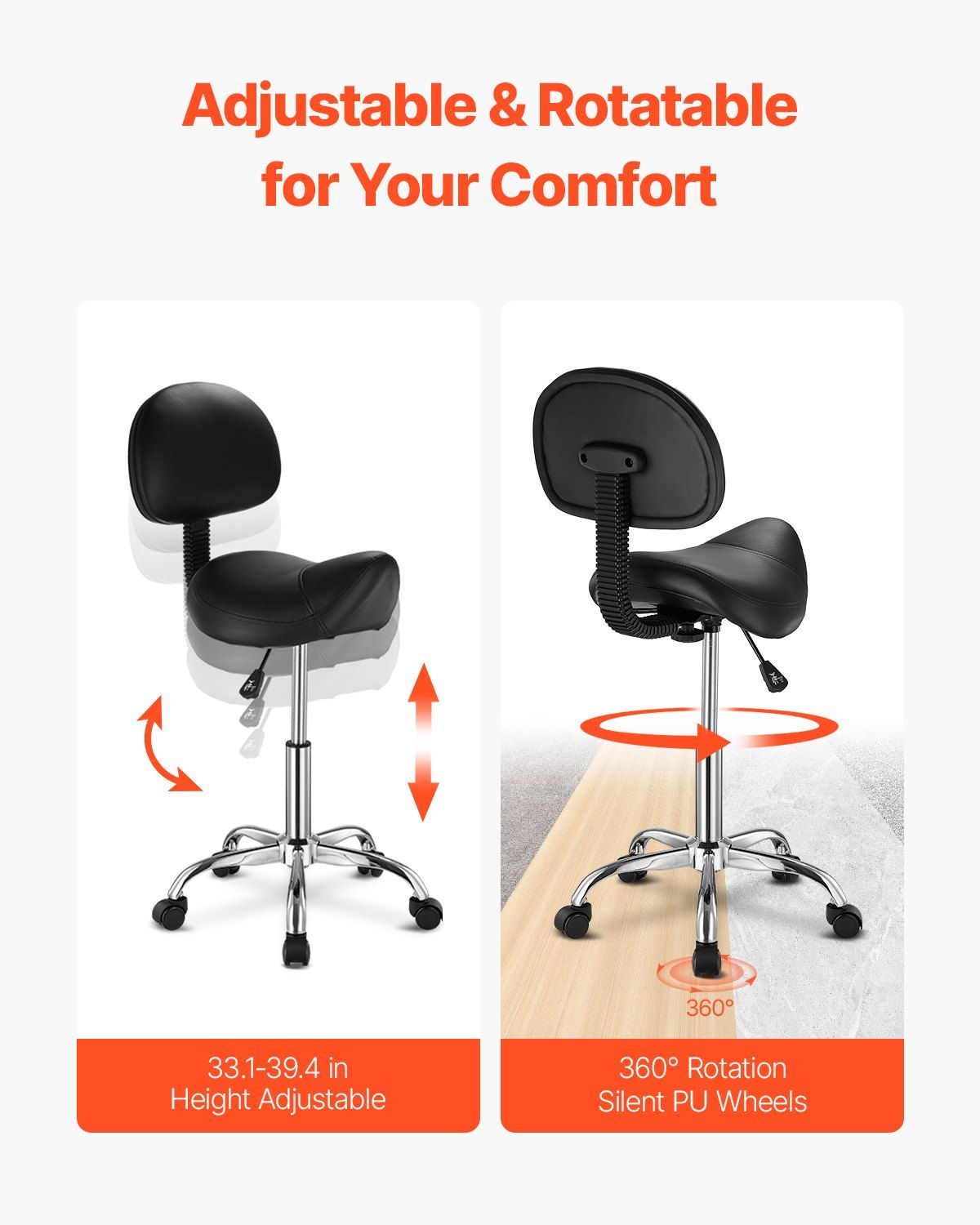 Saddle Rolling Stool, PU Leather Rolling Stool with Backrest, 360 degrees Swivel Drafting Stool with V952-MADHSJSMADYKGSSYWV0