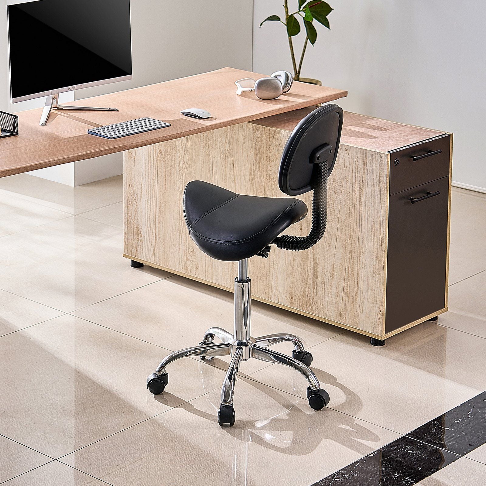 Saddle Rolling Stool, PU Leather Rolling Stool with Backrest, 360 degrees Swivel Drafting Stool with V952-MADHSJSMADYKGSSYWV0