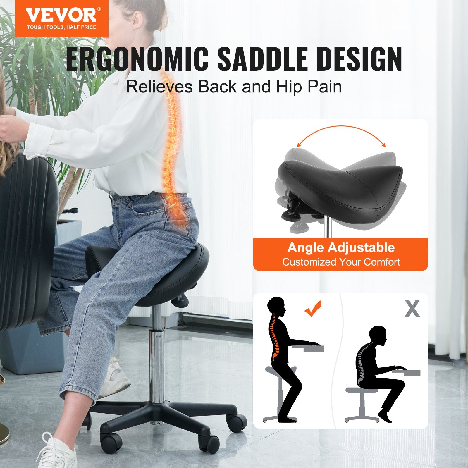 Saddle Stool with Wheels, 400 LBS Weight Capacity Ergonomic Rolling Saddle Stool, Height Adjustable Thickened V952-MADHSNLMADWKR2KEMV0