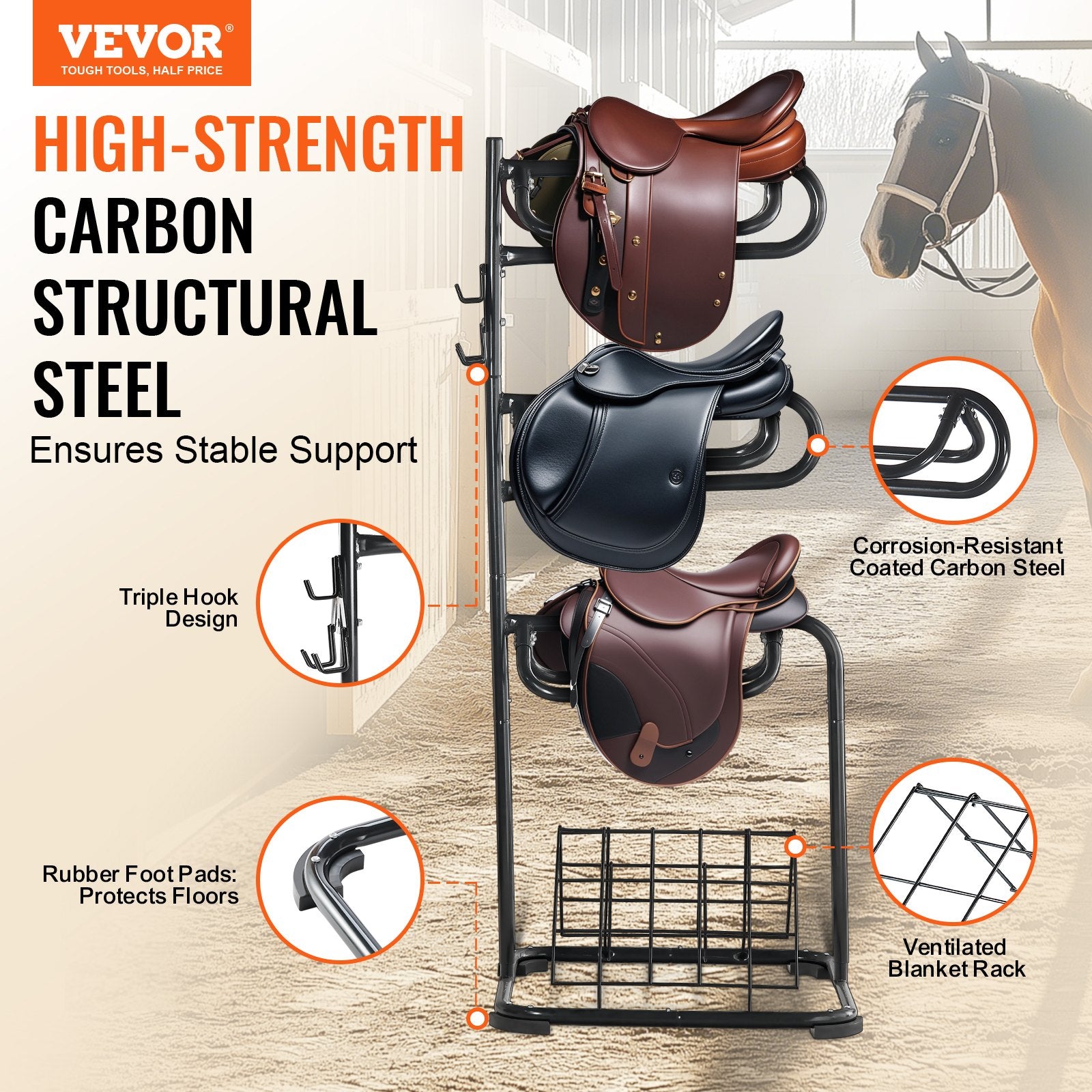 Freestanding Saddle Stand, 30 x 30 x 68.5 in, 3 Tiers Saddle Rack, Heavy Duty Saddle Blanket Holder with V952-MAJLS3030685HTNTLV0