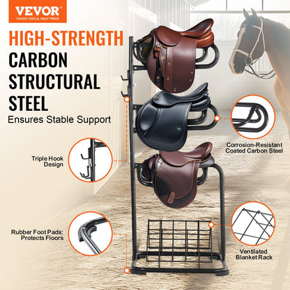 Freestanding Saddle Stand, 30 x 30 x 68.5 in, 3 Tiers Saddle Rack, Heavy Duty Saddle Blanket Holder with V952-MAJLS3030685HTNTLV0