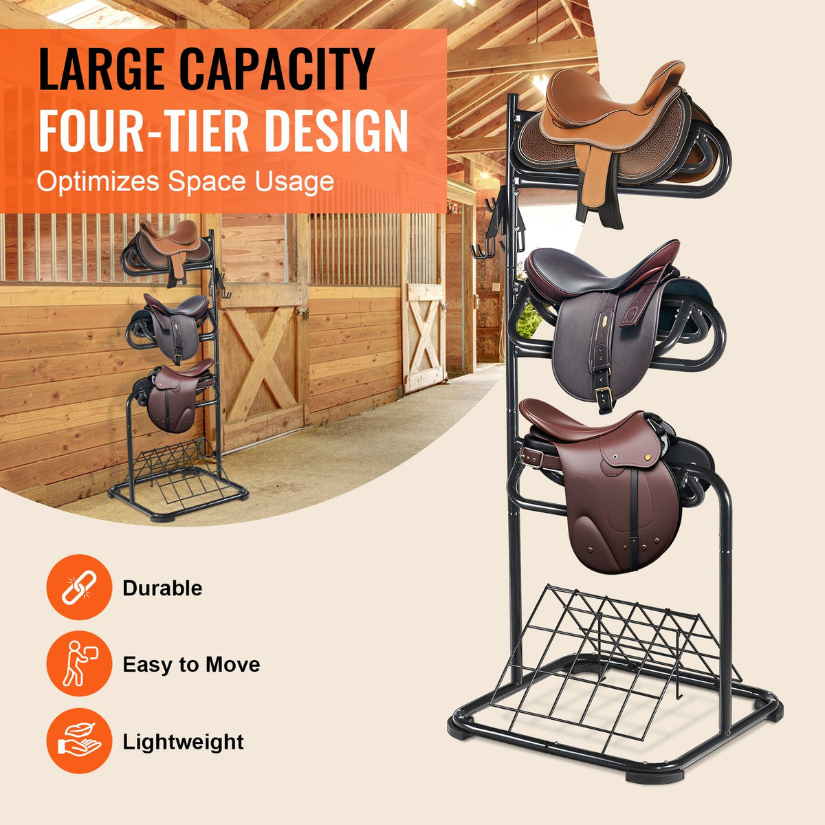 Freestanding Saddle Stand, 30 x 30 x 68.5 in, 3 Tiers Saddle Rack, Heavy Duty Saddle Blanket Holder with V952-MAJLS3030685HTNTLV0