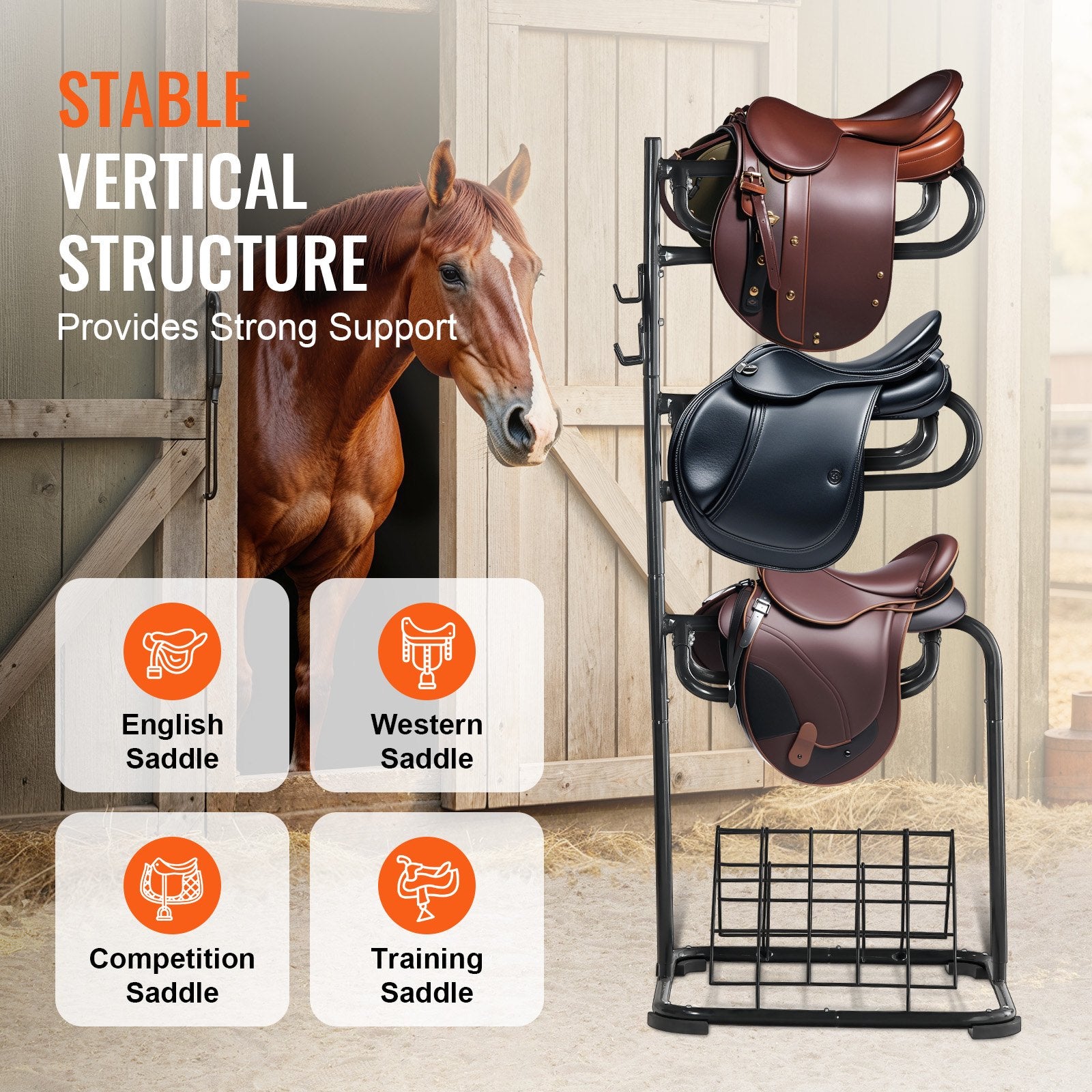 Freestanding Saddle Stand, 30 x 30 x 68.5 in, 3 Tiers Saddle Rack, Heavy Duty Saddle Blanket Holder with V952-MAJLS3030685HTNTLV0