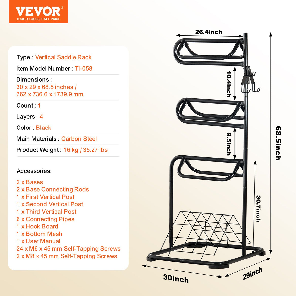 Freestanding Saddle Stand, 30 x 30 x 68.5 in, 3 Tiers Saddle Rack, Heavy Duty Saddle Blanket Holder with V952-MAJLS3030685HTNTLV0