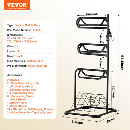 Freestanding Saddle Stand, 30 x 30 x 68.5 in, 3 Tiers Saddle Rack, Heavy Duty Saddle Blanket Holder with V952-MAJLS3030685HTNTLV0